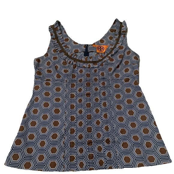 Tory Burch Geometric Print Top Pockets Sleeveless Cotton Brown‎ Navy Size 6 - Picture 1 of 4